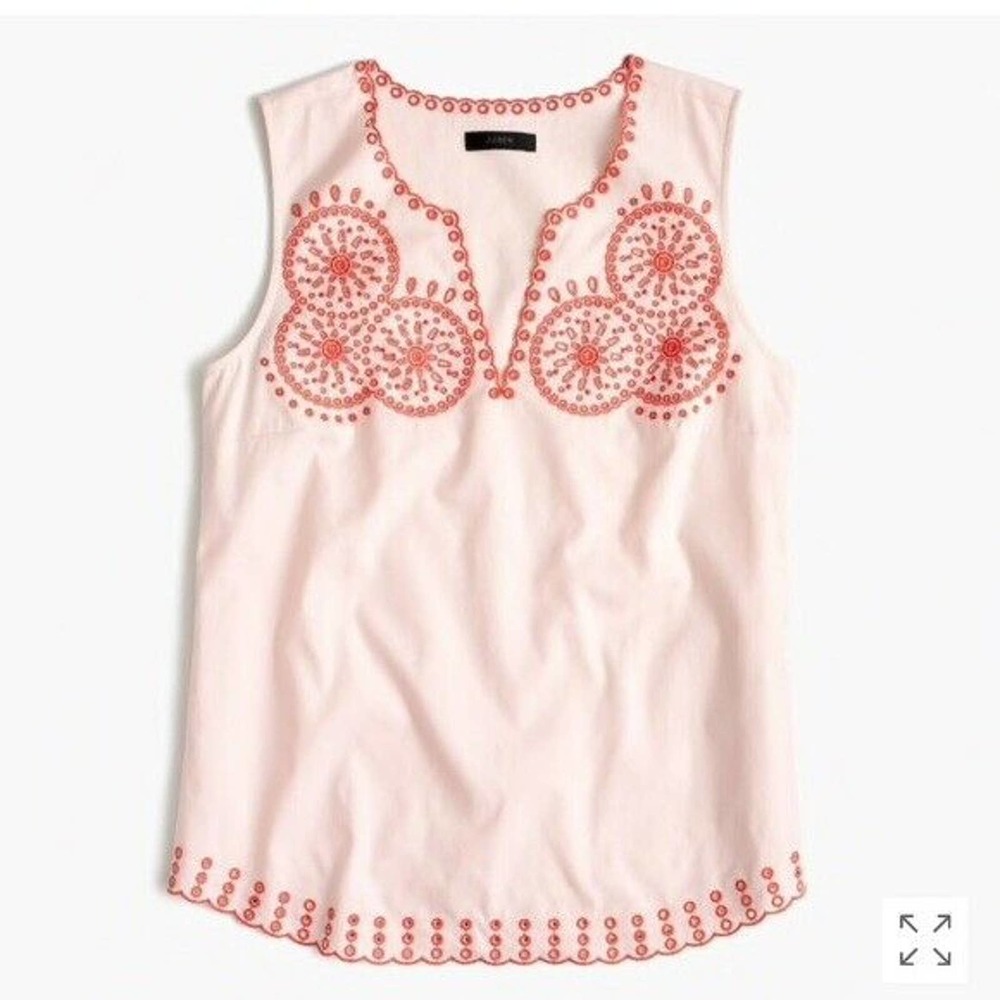 J. Crew Pink Sleeveless Embroidered Shell with Coral Accents